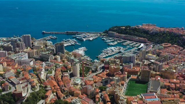 Aerial view of Monaco, Monte Carlo. French Riviera. France. Majestic cityscape skyline of Monaco's mediterranean coastline