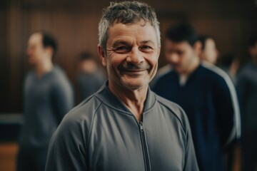 Portrait of senior man smiling at camera while standing in fitness class