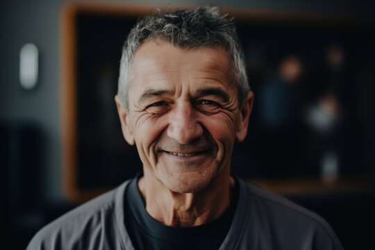 Group Portrait Photography Of A Grinning Man In His 50s Wearing A Comfortable Tracksuit Against A Yoga Studio Or Wellness Background. Generative AI