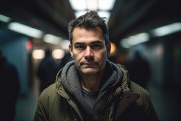 Portrait of a handsome man in a subway tunnel, looking at the camera.