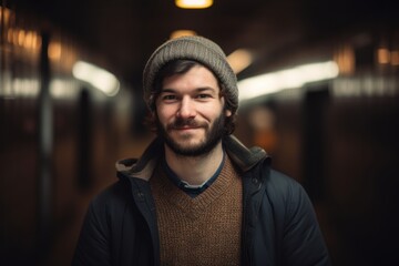 Fototapeta premium Portrait of a handsome young man in a hat and jacket in the subway