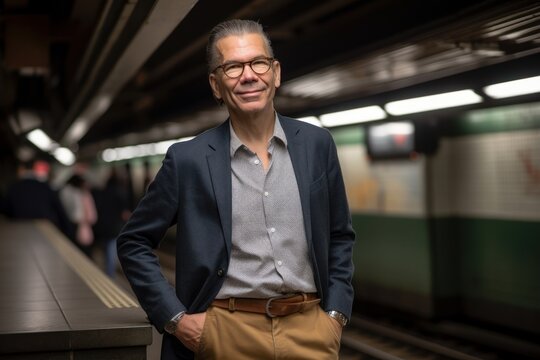 Handsome mature man in a train station (shallow DOF; color toned image)