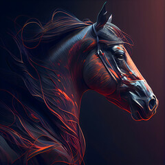 Portrait of a beautiful bay horse on a black background. Artistic painting.