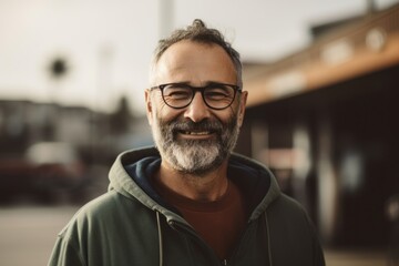 Portrait of mature man with eyeglasses in the city.