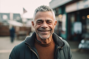 Portrait of smiling middle aged man with grey hair looking at camera outdoors
