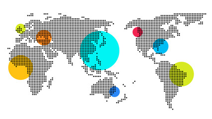 Dotted world map with colored circle highlights