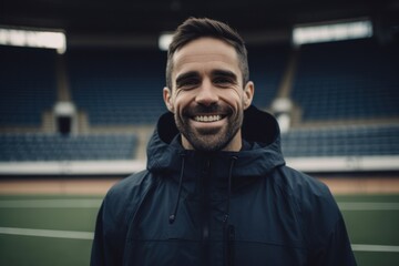Portrait of handsome young man in sportswear smiling at camera while standing on stadium