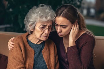 Fototapeta premium Young woman consoling upset grandmother. Generative AI