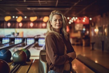 Fototapeta na wymiar Full-length portrait photography of a pleased woman in her 40s wearing a cozy sweater against a bowling alley or retro sports background. Generative AI