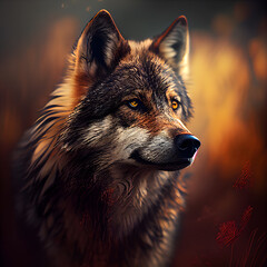 Portrait of a wolf in a dark forest. Digital painting.
