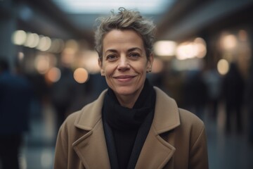 Fototapeta premium Portrait of a beautiful middle aged woman with short blond hair in a beige coat in the city