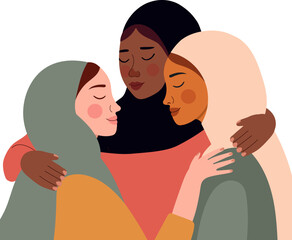 Arabian women are standing together. Emirati Women's day greeting card with young Muslim females wearing hijab. Vector illustration in flat style