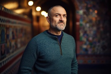 Fototapeta premium Portrait of a handsome middle-aged man in an old temple
