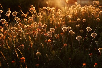 beautiful field of dandelions with the warm sun shining through. Generative AI