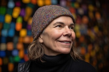 Portrait of smiling senior woman with hat against colorful wall in background