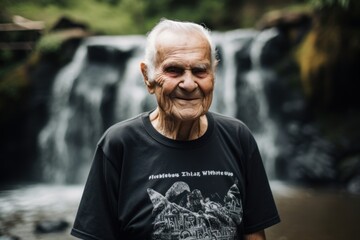 Portrait of a smiling senior man in front of a waterfall.