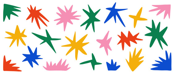 Hand drawn sparks and twinkles collection. Abstract doodle sparkle and stars shapes pack. Groovy funky cartoon elements bundle for collages, posters, stickers. Vector illustration