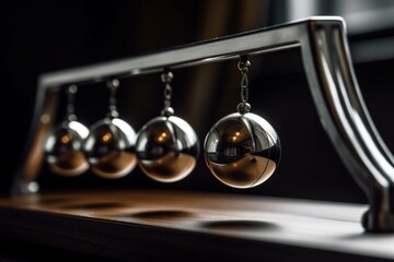 A desktop toy of five metal balls hanging from a frame, demonstrating the conservation of momentum and energy. Generative AI