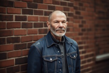 Portrait of a bald man in a denim jacket against a brick wall