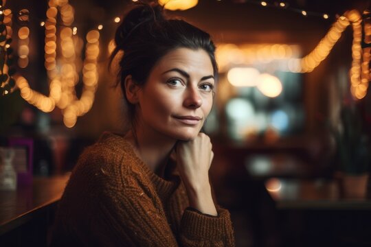 Portrait of a beautiful young woman sitting in a cafe with lights on background