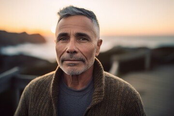 Portrait of senior man looking at camera while standing on pier at sunset