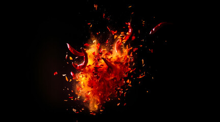 The spicy chilies are swirling together, twisting into a fiery explosion on a dark black background. generative AI.