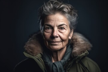 Portrait of an elderly woman in a jacket on a dark background