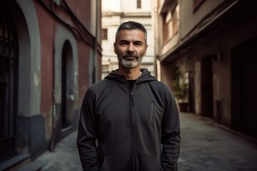 Fototapeta na wymiar Group portrait photography of a pleased man in his 40s wearing a comfortable tracksuit against an old building or architecture background. Generative AI