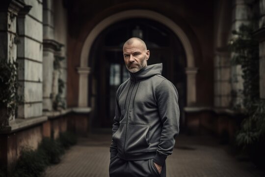 Portrait of a middle-aged man in a black sportswear in the city