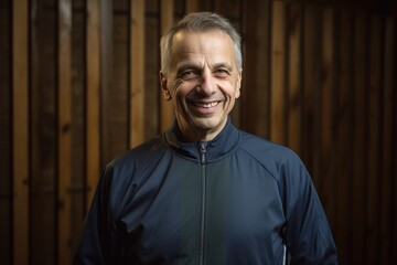 Obraz premium Portrait of smiling senior man in sportswear on wooden background