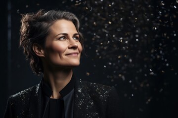 Portrait of a beautiful woman in a black coat on a black background
