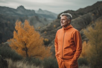 Fototapeta na wymiar Handsome middle-aged man in an orange tracksuit standing in the autumn mountains