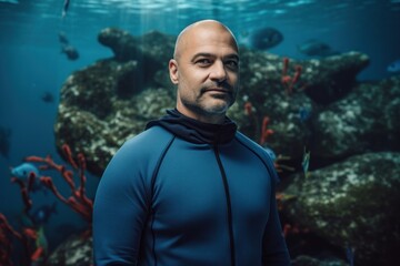 Portrait of a bald man in a wetsuit against the background of the coral reef.