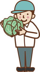 キャベツ（野菜）を持つ帽子をかぶった笑顔の男性。