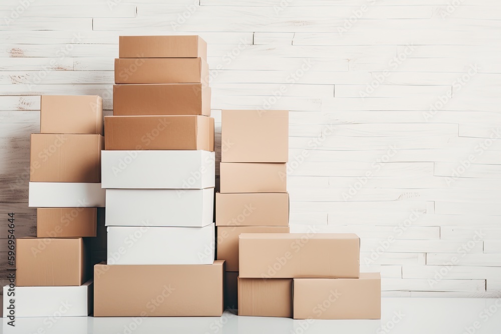 Poster stacked boxes on a white table. generative ai