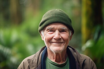 Naklejka na ściany i meble Portrait of senior man with hat smiling at camera in the park