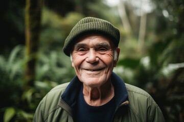 Naklejka na ściany i meble Smiling senior man with hat and jacket looking at camera in the forest