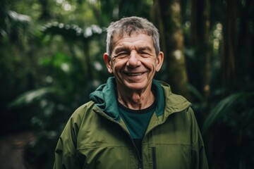 Portrait of a smiling senior man in a green jacket in the forest