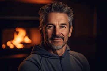 Headshot portrait photography of a satisfied man in his 40s wearing a comfortable tracksuit against a cozy fireplace background. Generative AI