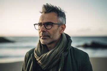 Fototapeta premium Portrait of a handsome middle-aged man with glasses and a scarf on the beach