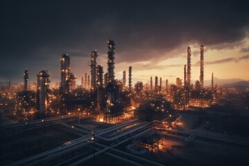 Fototapeta na wymiar Illustrated dawn view of a big refinery that has pipelines attached. Generative AI