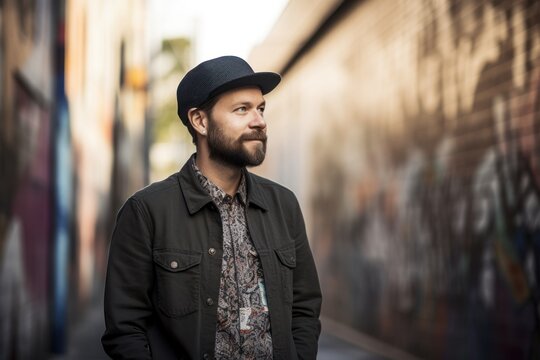 Portrait of a handsome bearded hipster man wearing a hat and coat in the city