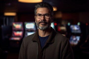 Portrait of a handsome mature man playing video games in a casino