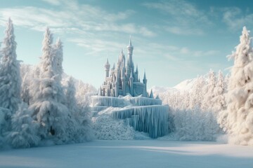 A magical ice castle surrounded by a snowy fantasy landscape that includes a winter forest and mountain. Digitally created art. Generative AI