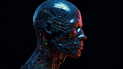 Humanoid head with vibrant neural network futuristic technology - Generative AI