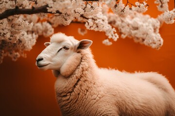 A fluffy white sheep sitting by a tree against an orange background with white flowers. Generative AI