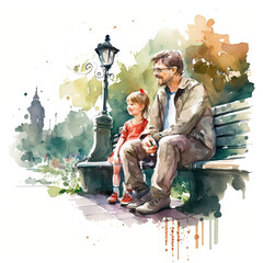Fototapeta premium father's day Vector Watercolor Memorable Moments with Dad in the Park Memorable Moments with Dad in the Park sitting on the bench, Generative AI 