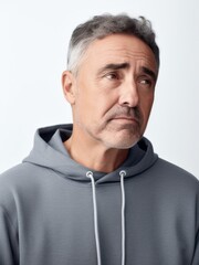 Obraz premium Portrait of serious mature man in grey hoodie looking at camera