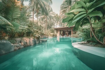 Fototapeta na wymiar Tropical blue-green resort pool. Generative AI