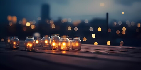 Glass jars with bokeh in the background